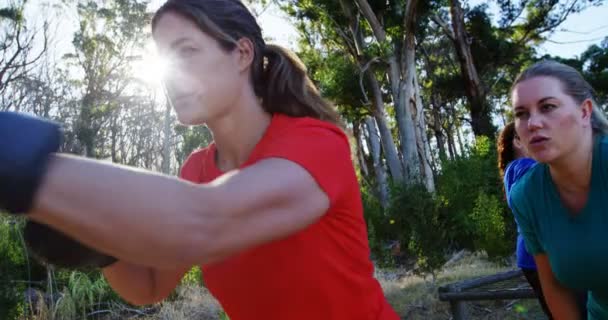 Женщина, занимающаяся боксом в учебном лагере — стоковое видео