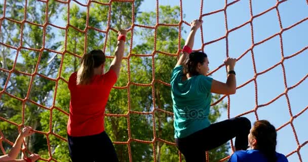 Entrenador que ayuda a las mujeres en la red de escalada durante la carrera de obstáculos — Vídeos de Stock