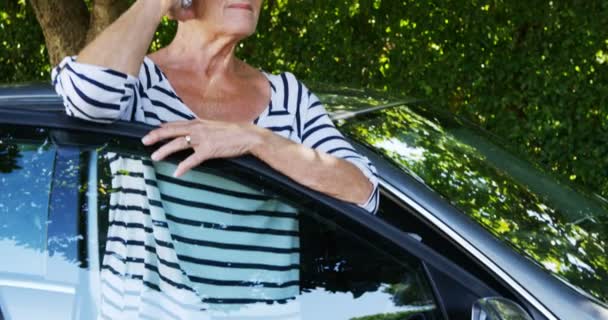 Mujer mayor hablando en el teléfono móvil cerca del coche — Vídeos de Stock