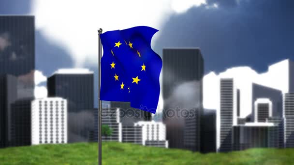 Bandera europea ondeando contra paisaje urbano — Vídeos de Stock