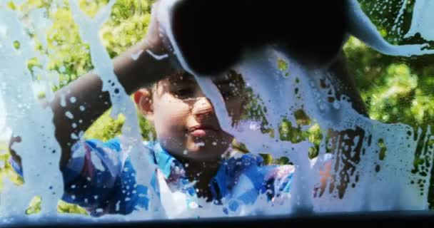 Meisje wassen haar auto in de tuin — Stockvideo