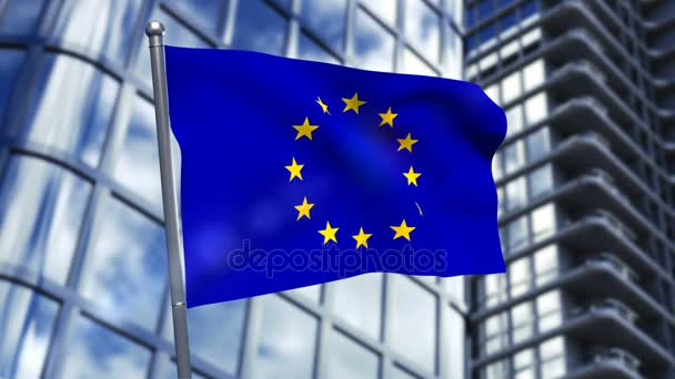 Europas flagga vajande mot stadsbilden — Stockvideo