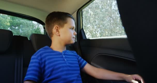 Boy relaxing in the back seat of car — Stock Video