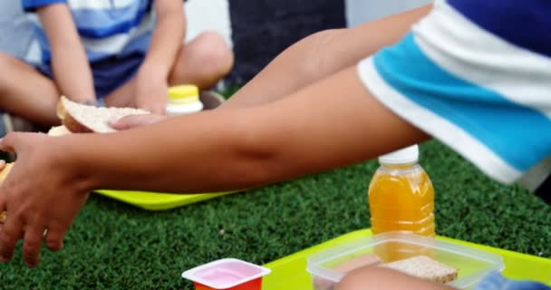 子供たちが公園で朝食をとり — ストック動画