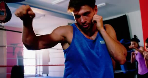 Боксерські практики в боксерському кільці — стокове відео
