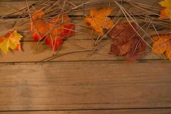 Φύλλα φθινοπώρου σε ξύλινο τραπέζι — Φωτογραφία Αρχείου