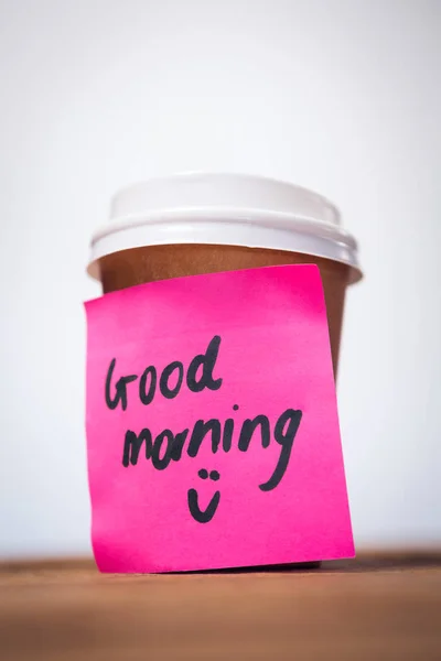 Good morning text stuck on disposable cup — Stock Photo, Image