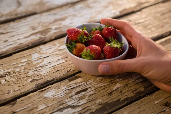 Hand holding bowl containing strawberries — Stock Photo, Image