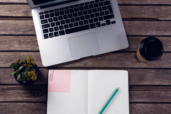 Laptop, dagbok, kruka växten och kopp kaffe — Stockfoto