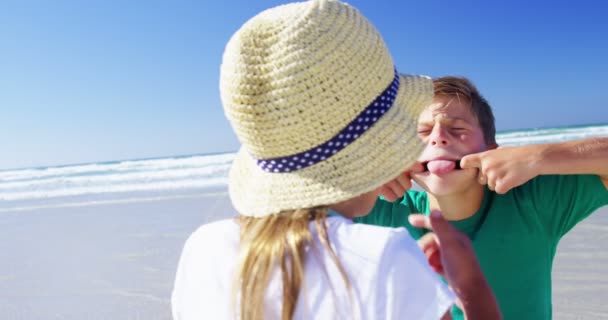 Broers en zussen samen plezier op strand — Stockvideo