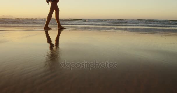 Woman with arms outstretched walking on beach — Stock Video