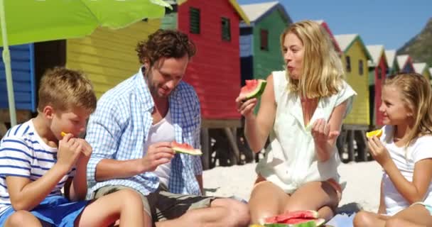 Rodina jíst ovoce na pláži — Stock video
