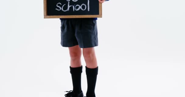 Schoolboy segurando quadro com volta para o texto da escola — Vídeo de Stock
