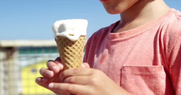 Boy having ice cream at beach Stock Footage