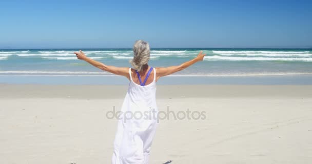 Ευτυχισμένος ανώτερων γυναίκα που περπατά στην παραλία — Αρχείο Βίντεο