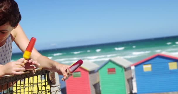 Madre e figlia che prendono un gelato in spiaggia — Video Stock