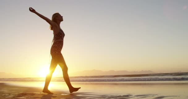 Vrouw met uitgestrekte armen wandelen op strand — Stockvideo