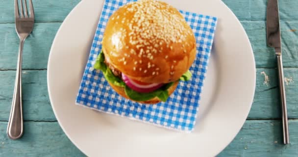 Гамбургер подается в тарелке — стоковое видео