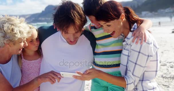在海滩上使用移动电话的多代家庭 — 图库视频影像