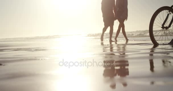 Pareja caminando juntos en la orilla en la playa — Vídeos de Stock