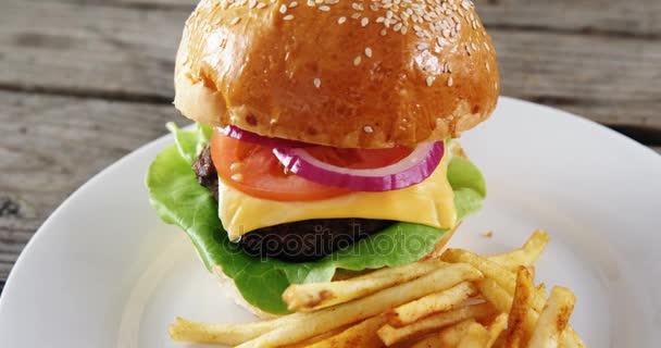 Hamburger a hranolky v desce — Stock video