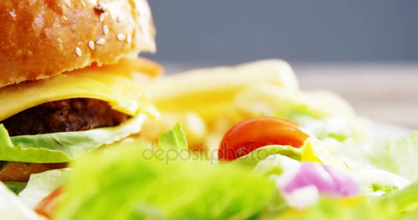 Hamburger and salad on plate — Stock Video