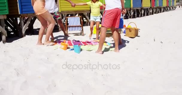 多代家庭玩罗西在海滩周围环 — 图库视频影像