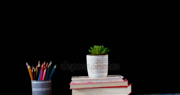 Pot plant on book stack with pencil color on table — Stock Video