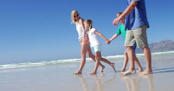 Family holding hands while walking on shore at beach — Stock Video