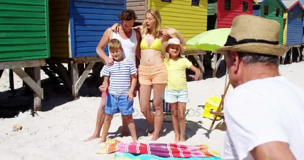 Familia multigeneracional saludando con las manos en la playa — Vídeo de stock