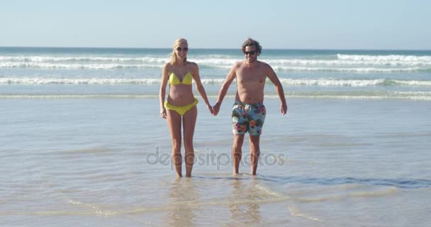 Пара веселятся вместе на пляже — стоковое видео