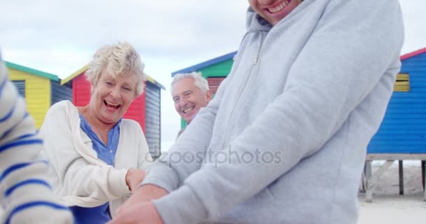 Multi generatie familie spelen Touwtrekken op strand — Stockvideo