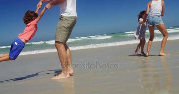 Родители играют со своими детьми на пляже — стоковое видео