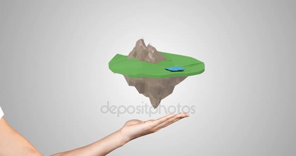 Hand showing aircraft traveling around the floating island — Stock Video