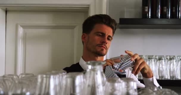 Bar tender reinigen van glas — Stockvideo