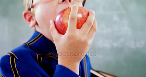 Écolier manger pomme dans salle de classe — Video