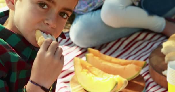 Портрет мальчика, поедающего хлеб в парке — стоковое видео