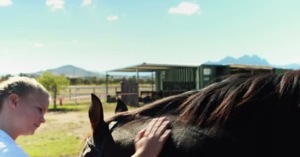 Девушка ласкает лошадь на ранчо — стоковое видео
