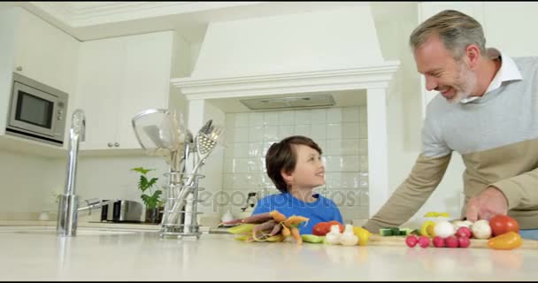 Pai assistindo filho em cortar vegetais — Vídeo de Stock