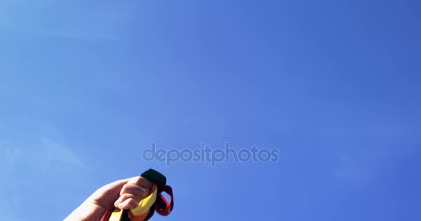 青い空を背景にメダルを持っている手 — ストック動画