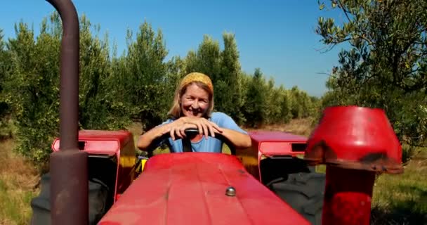 Retrato de mujer feliz sentada en tractor 4k — Vídeos de Stock