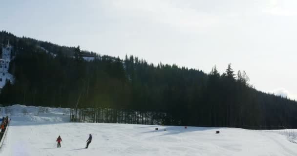 父亲和儿子在白雪皑皑的阿尔卑斯山滑雪 — 图库视频影像