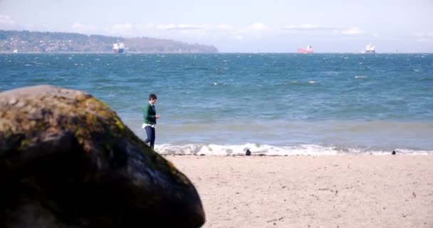 Человек, идущий по пляжу — стоковое видео
