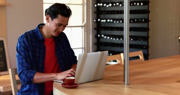 Hombre usando laptop en restaurante — Vídeo de stock