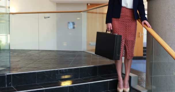 Mujer de negocios de pie con maletín en las escaleras — Vídeos de Stock