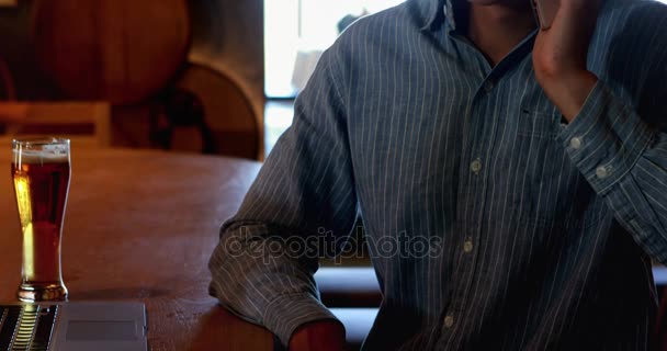 Hombre tomando cerveza mientras habla por teléfono — Vídeos de Stock