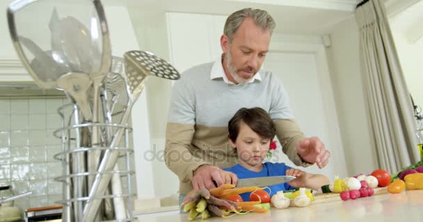 Батько допомагає синові нарізати овочі — стокове відео