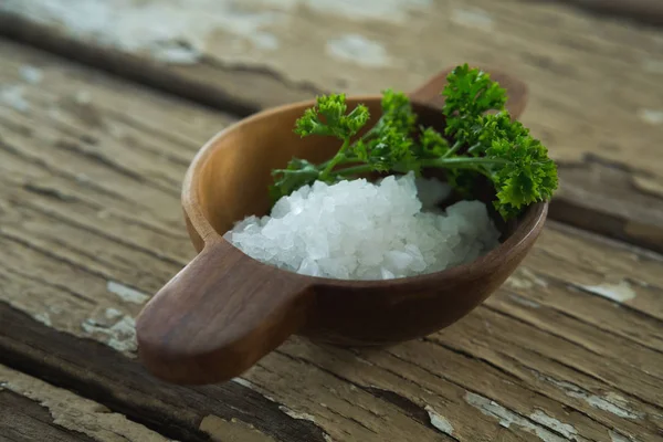 Листья соли и кориандра в миске — стоковое фото