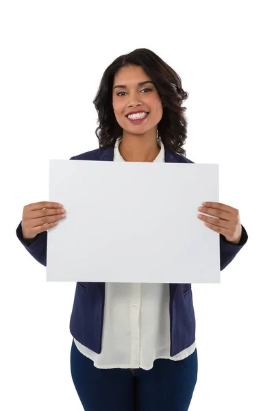 Happy businesswoman holding placard — Stock Photo, Image