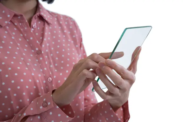 Female executive holding glass smartphone — Stock Photo, Image